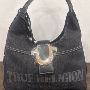 True Religion Chic Black Denim Tote with White Stitching